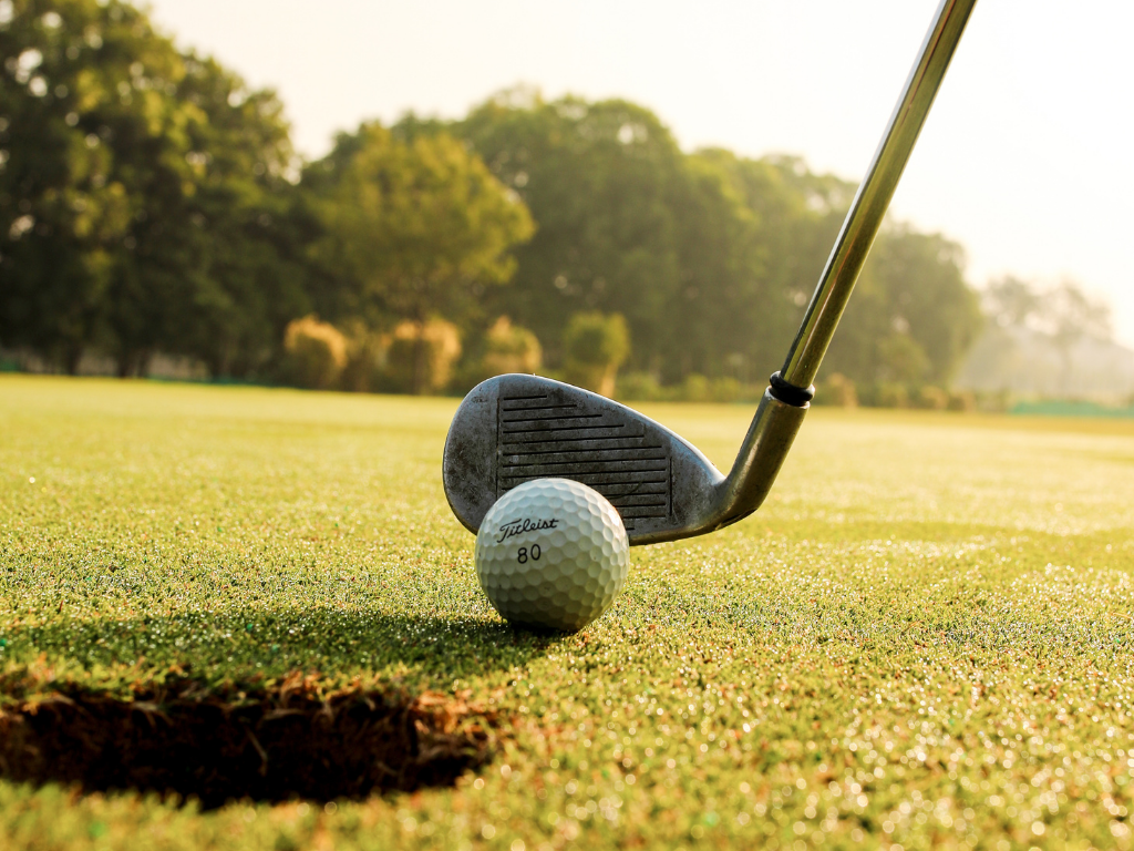 Golf ball and club on course